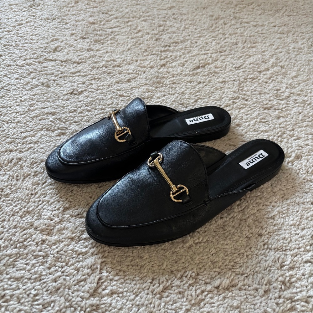 Dune London Black Leather Slip-On Mules with Gold Hardware